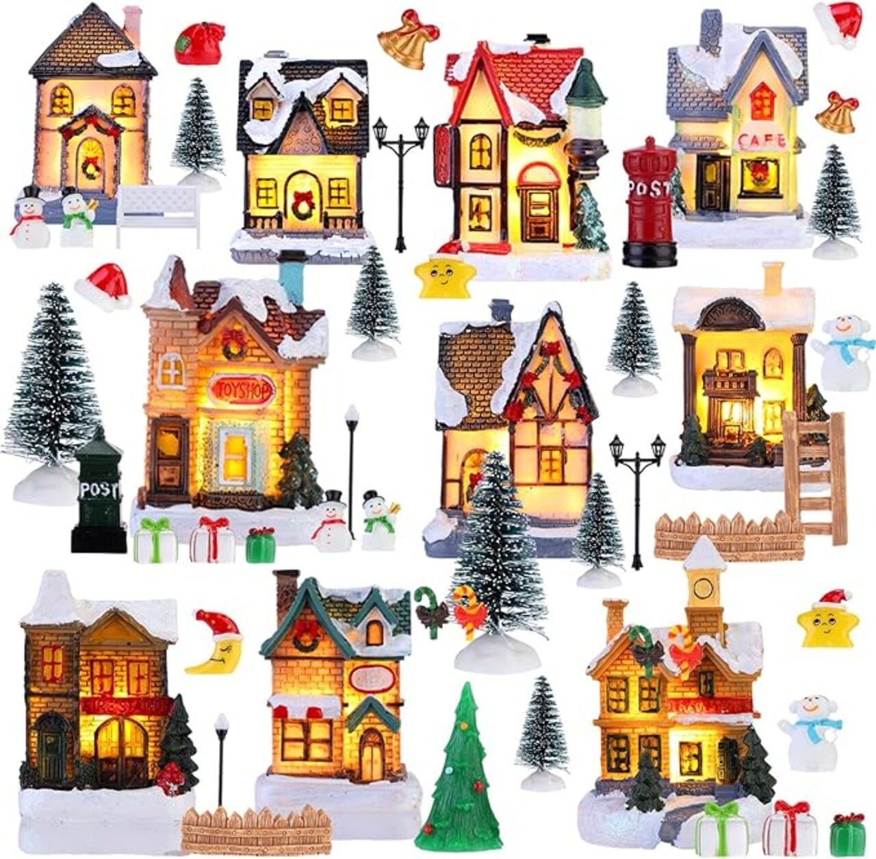 Set Led Lighted Mini Xmas Village Houses Winter Village Accessories Holiday Village Collection Kit for Christmas Village Desktop Table Decoration